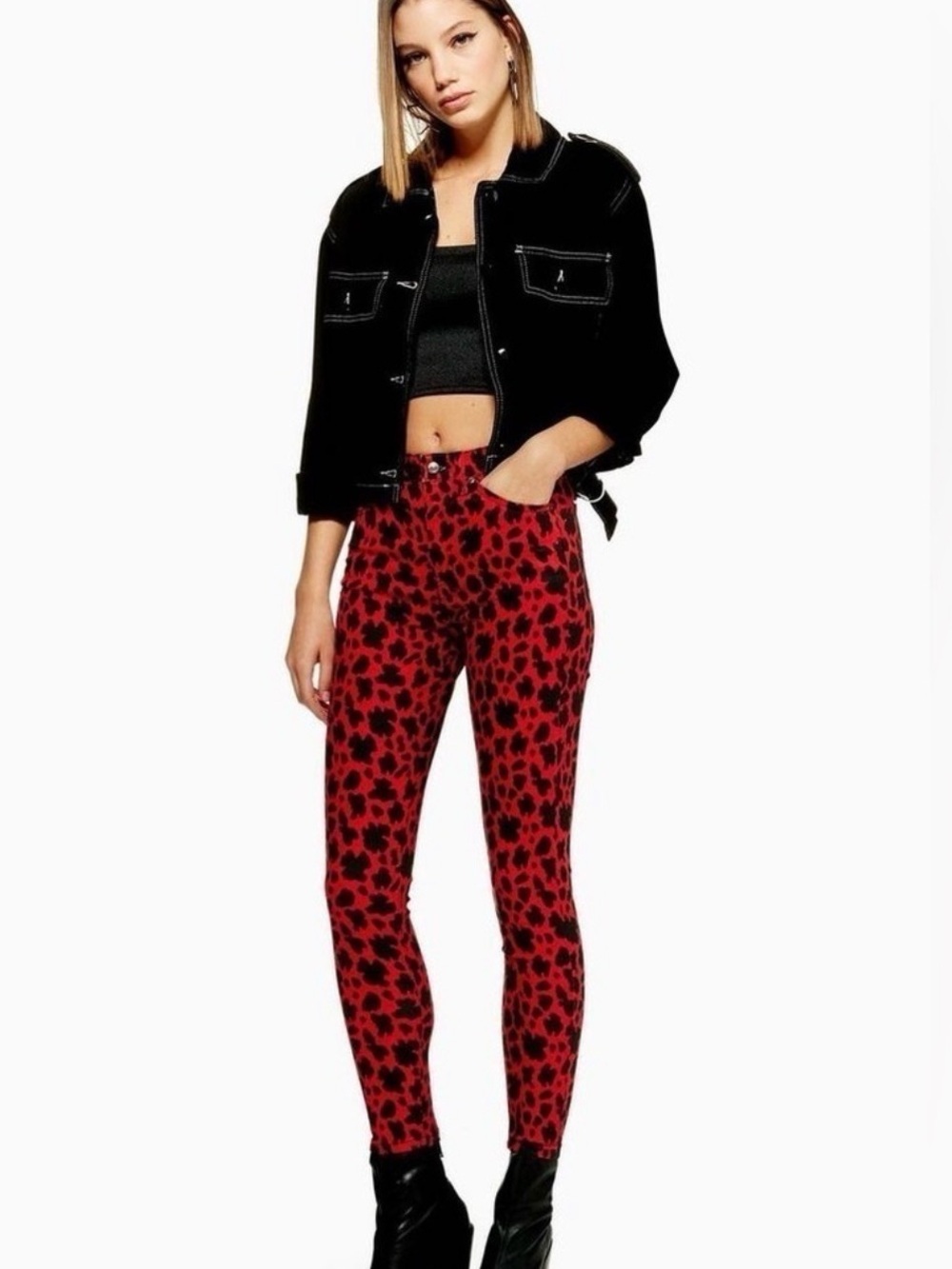 TOP SHOP Jamie High Rise Red weight Black Leopard Print Skinny Jeans, Sz. 8 US